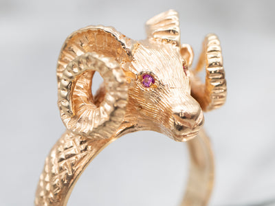 Bold Yellow Gold Ram's Head Ring with Ruby Eyes
