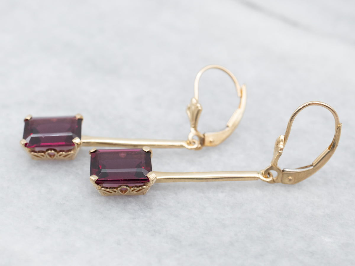 Elegant Yellow Gold Garnet Solitaire Drop Earrings