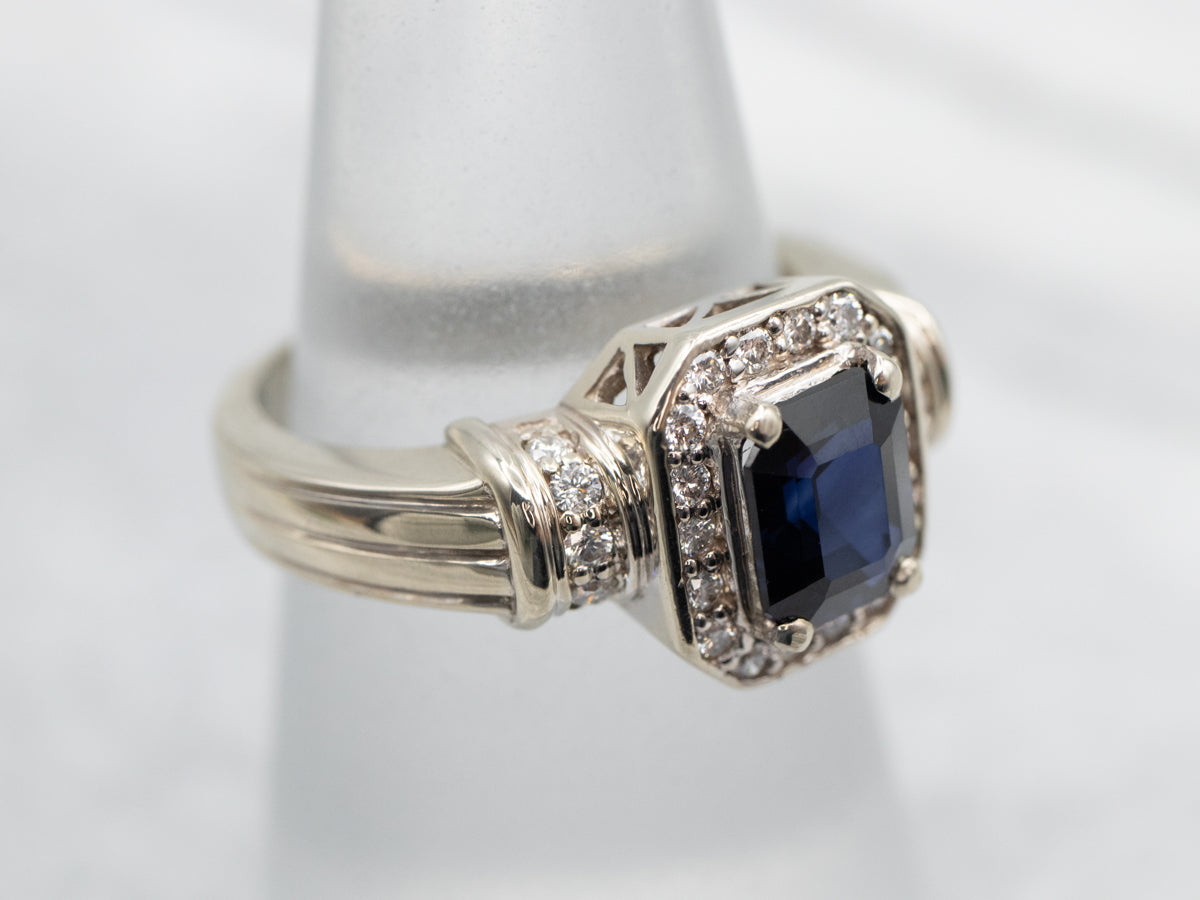 Modern Sapphire and Diamond Halo Engagement Ring
