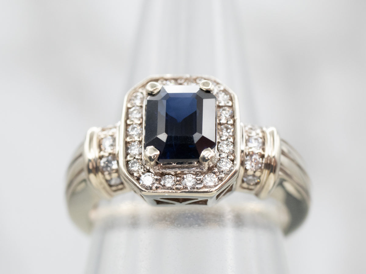 Modern Sapphire and Diamond Halo Engagement Ring