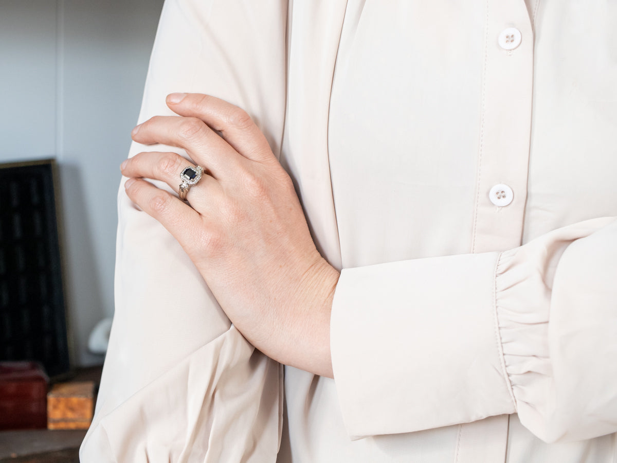 Modern Sapphire and Diamond Halo Engagement Ring