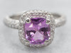Modern Platinum Pink Sapphire and Diamond Halo Engagement Ring