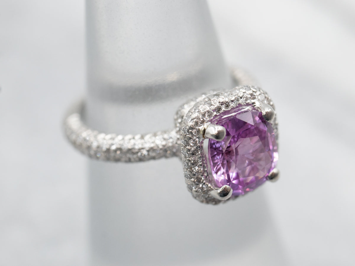 Modern Platinum Pink Sapphire and Diamond Halo Engagement Ring