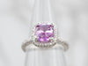 Modern Platinum Pink Sapphire and Diamond Halo Engagement Ring