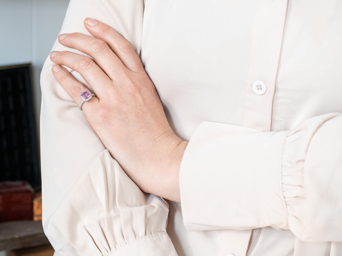 Modern Platinum Pink Sapphire and Diamond Halo Engagement Ring