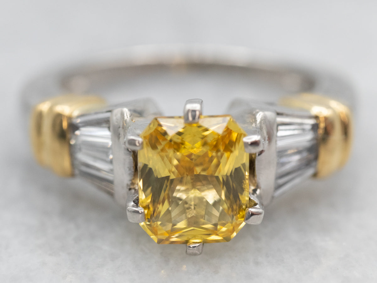 Bright Canary Yellow Sapphire Modern Engagement Ring with Diamond Accents