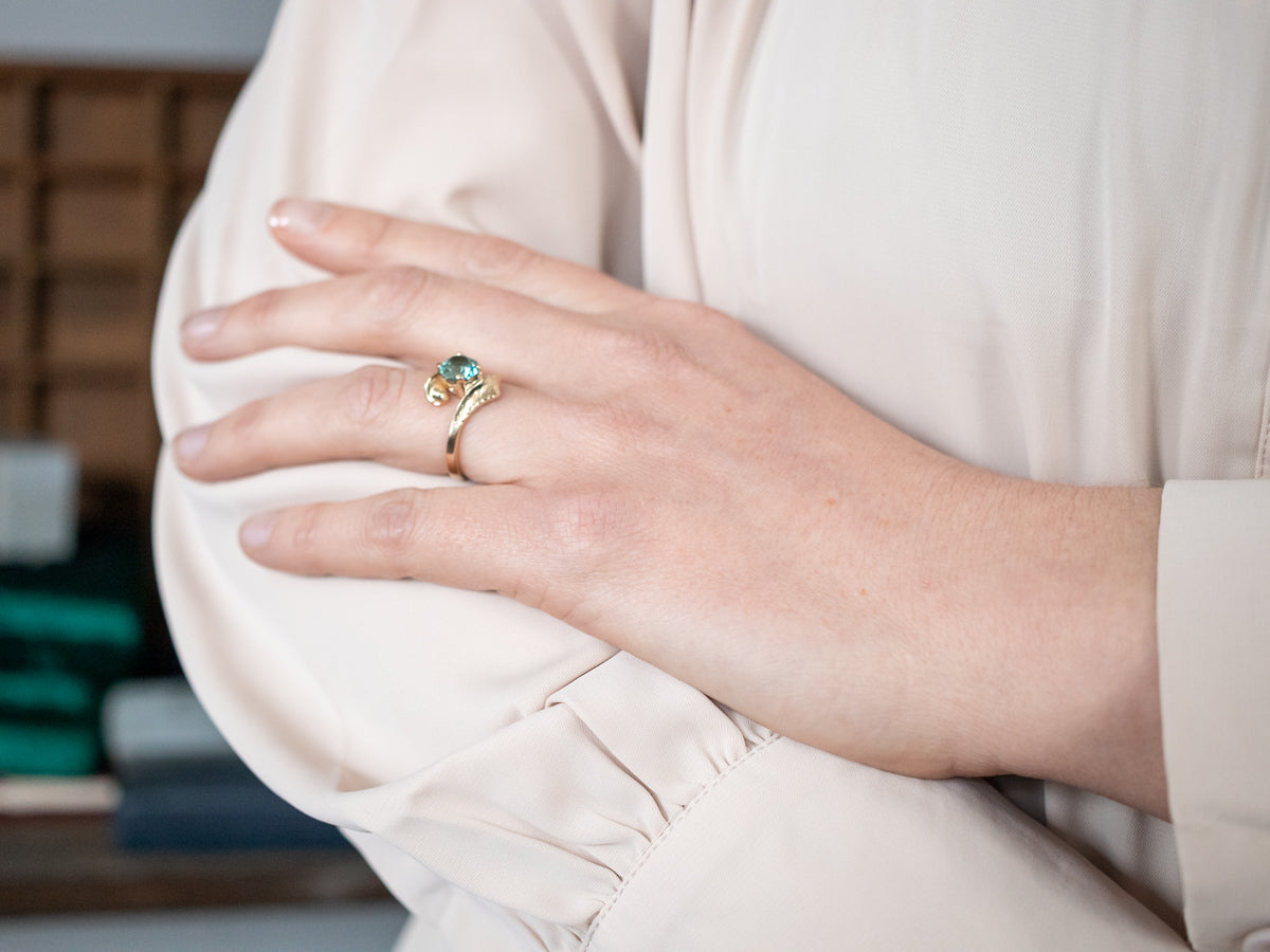 Stylish Gold Blue Zircon Solitaire Bypass Ring