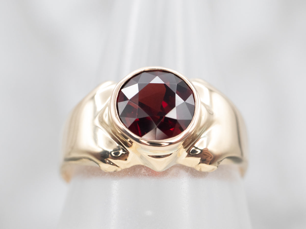 Yellow Gold Bezel Set Garnet Solitaire Cocktail Ring