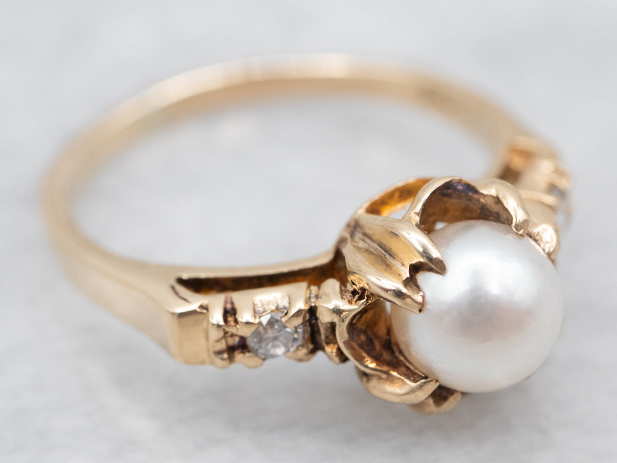 Yellow Gold Pearl Ring with Diamond Accents