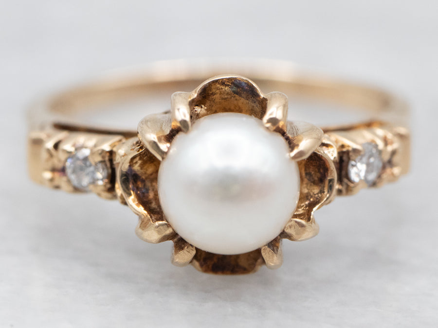Yellow Gold Pearl Ring with Diamond Accents