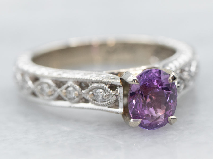 White Gold Oval Cut Pink Sapphire Engagement Ring with Diamond Accents