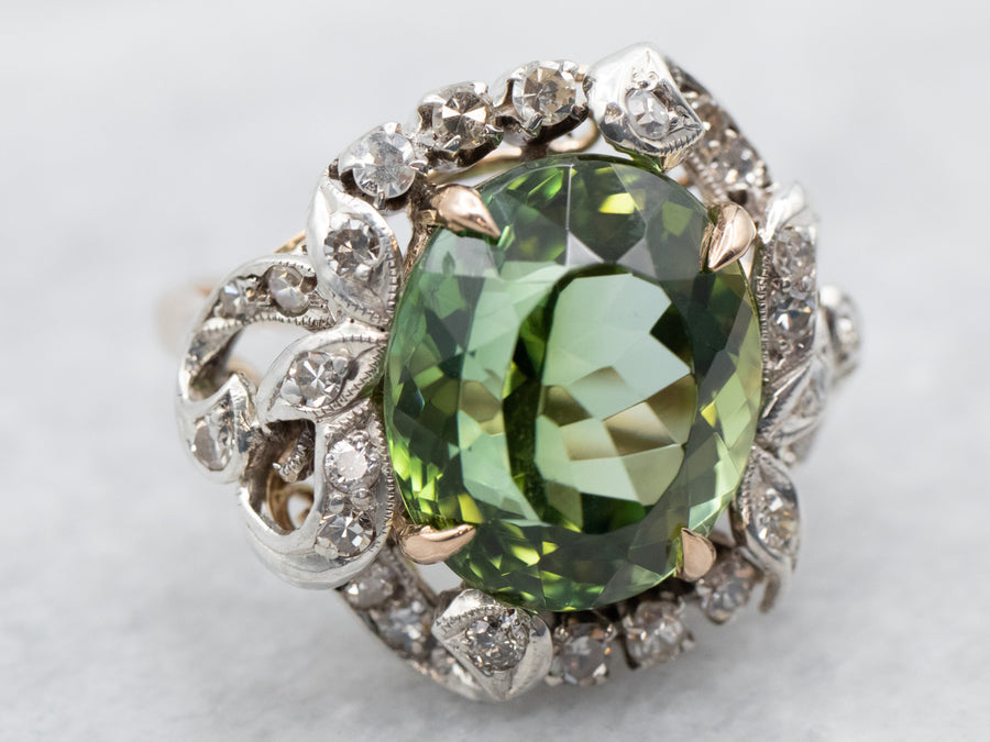 Mixed Metal Yellow Gold and Sterling Silver Green Tourmaline Cocktail Ring with Diamond Accents
