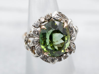 Mixed Metal Yellow Gold and Sterling Silver Green Tourmaline Cocktail Ring with Diamond Accents