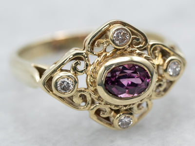 Yellow Gold Bezel Set East to West Garnet Ring with Diamond Accents