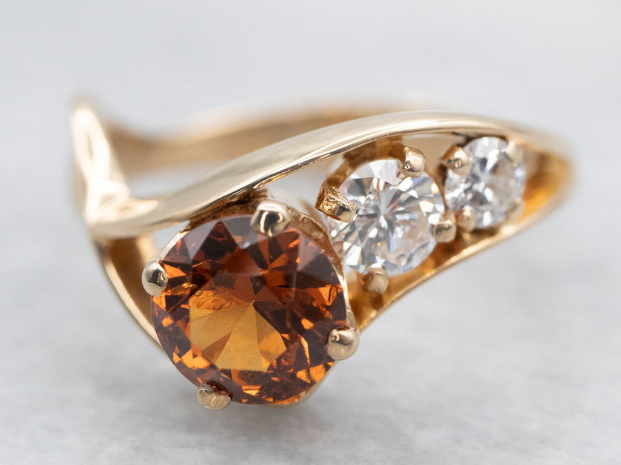 Yellow Gold Hessonite Garnet and Diamond Bypass Ring