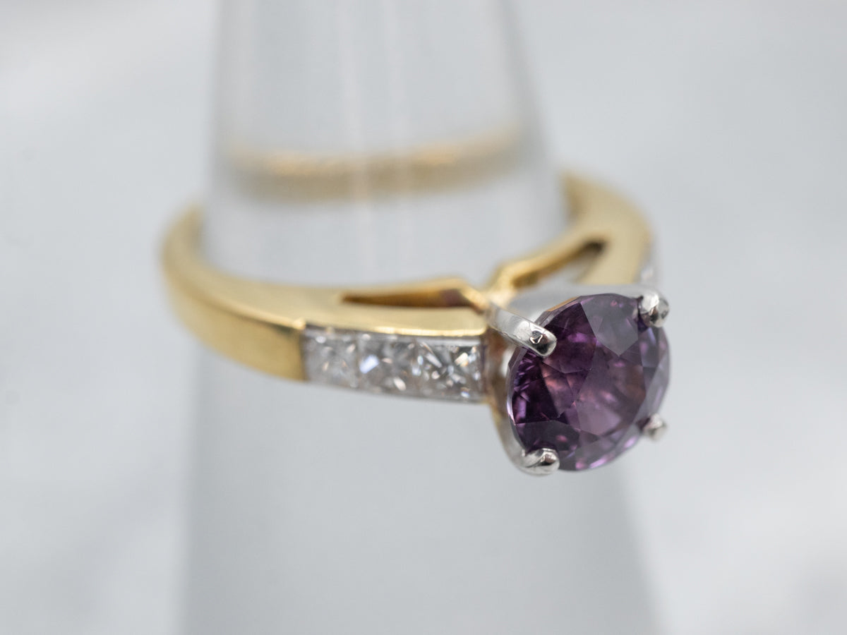 Purple Sapphire and Diamond Mix Metal Engagement Ring