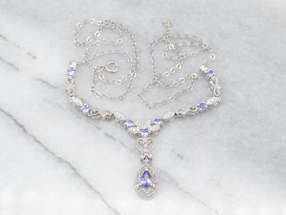 White Gold Tanzanite and Diamond Teardrop Necklace