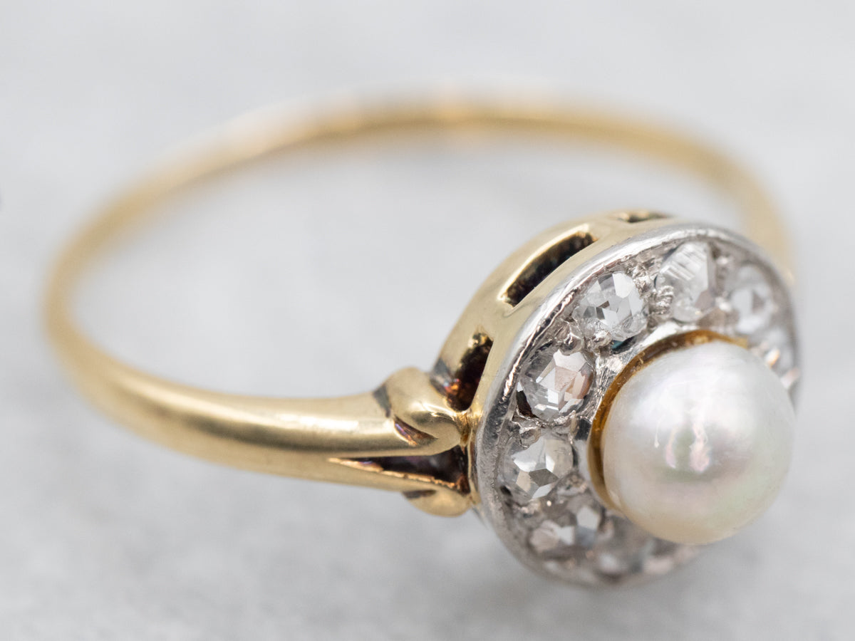 Mixed Metal Pearl Ring with Diamond Halo