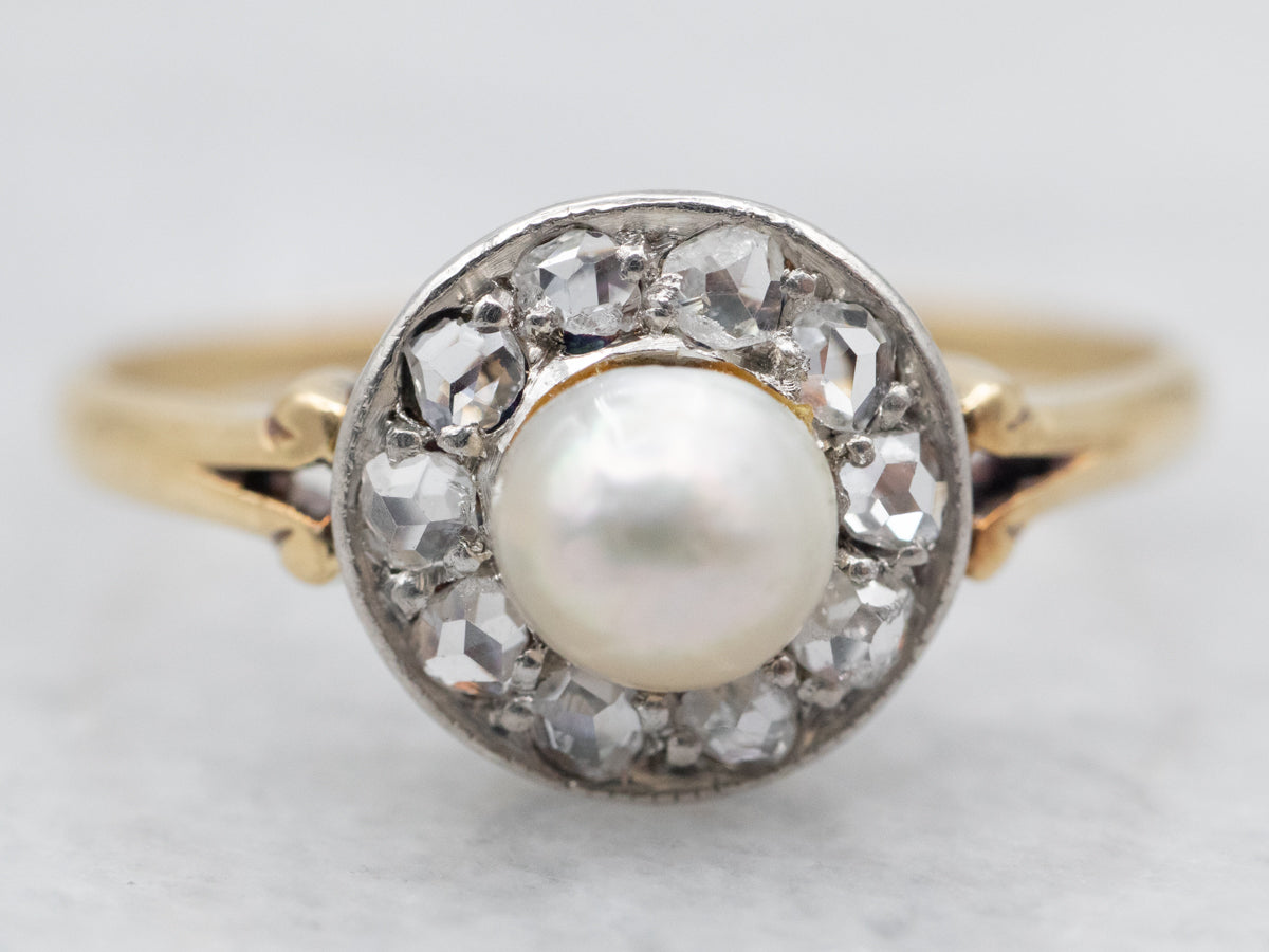 Mixed Metal Pearl Ring with Diamond Halo