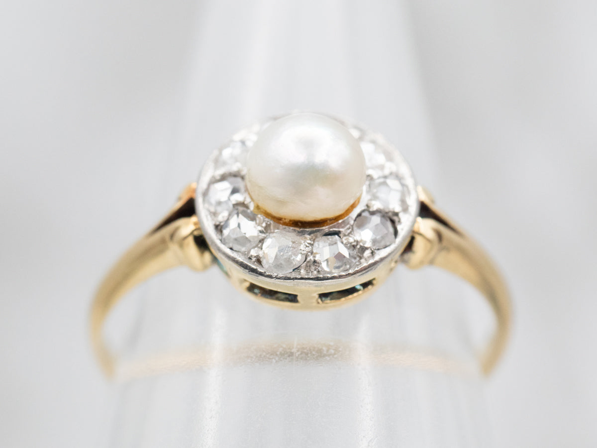 Mixed Metal Pearl Ring with Diamond Halo