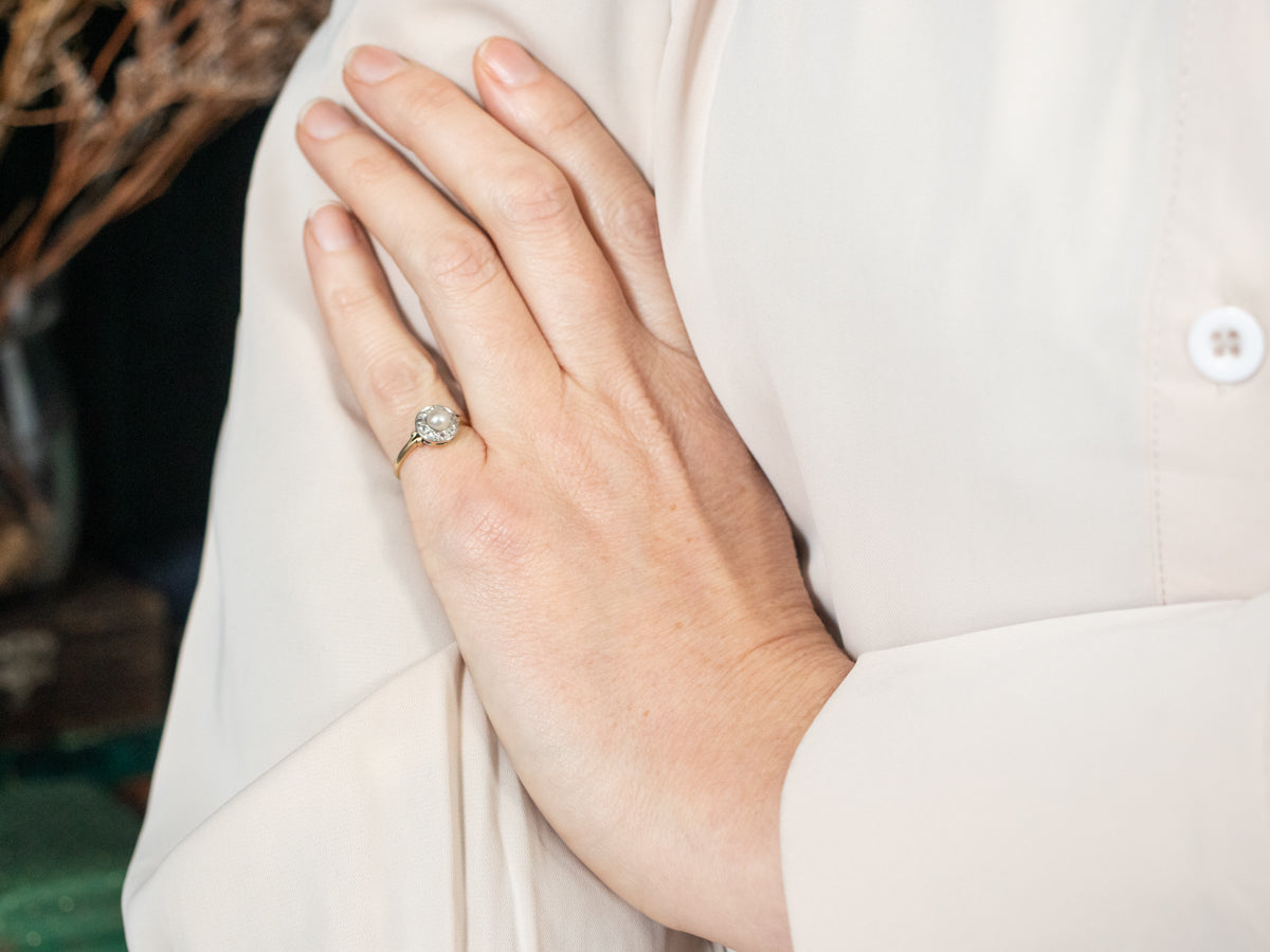 Mixed Metal Pearl Ring with Diamond Halo