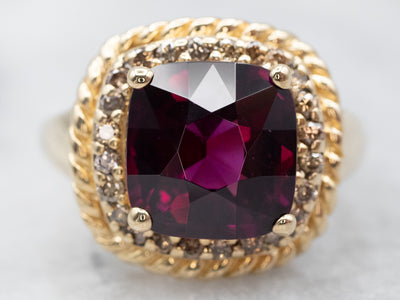 Eye-Catching Yellow Gold Rhodolite Garnet Ring with Diamond Halo