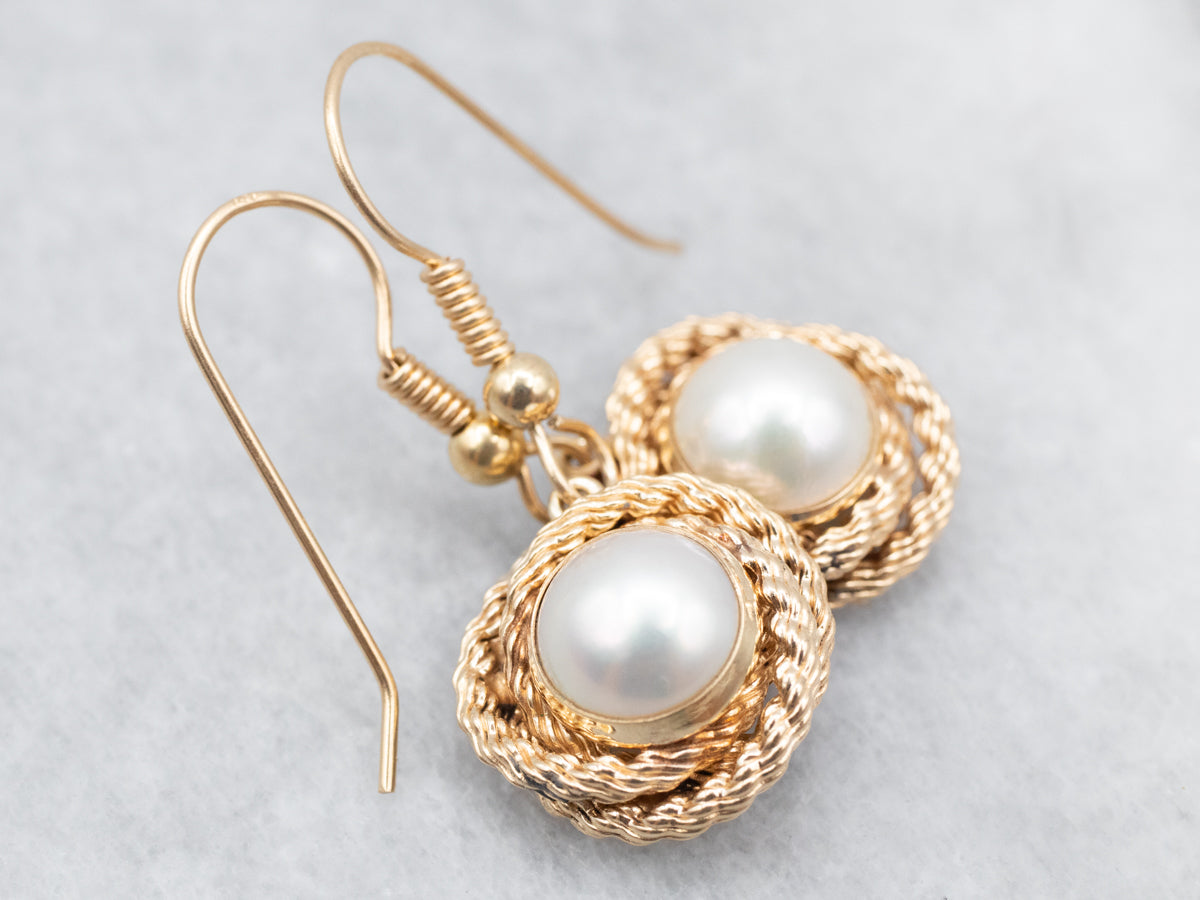 Delicate Yellow Gold Pearl Drop Earrings