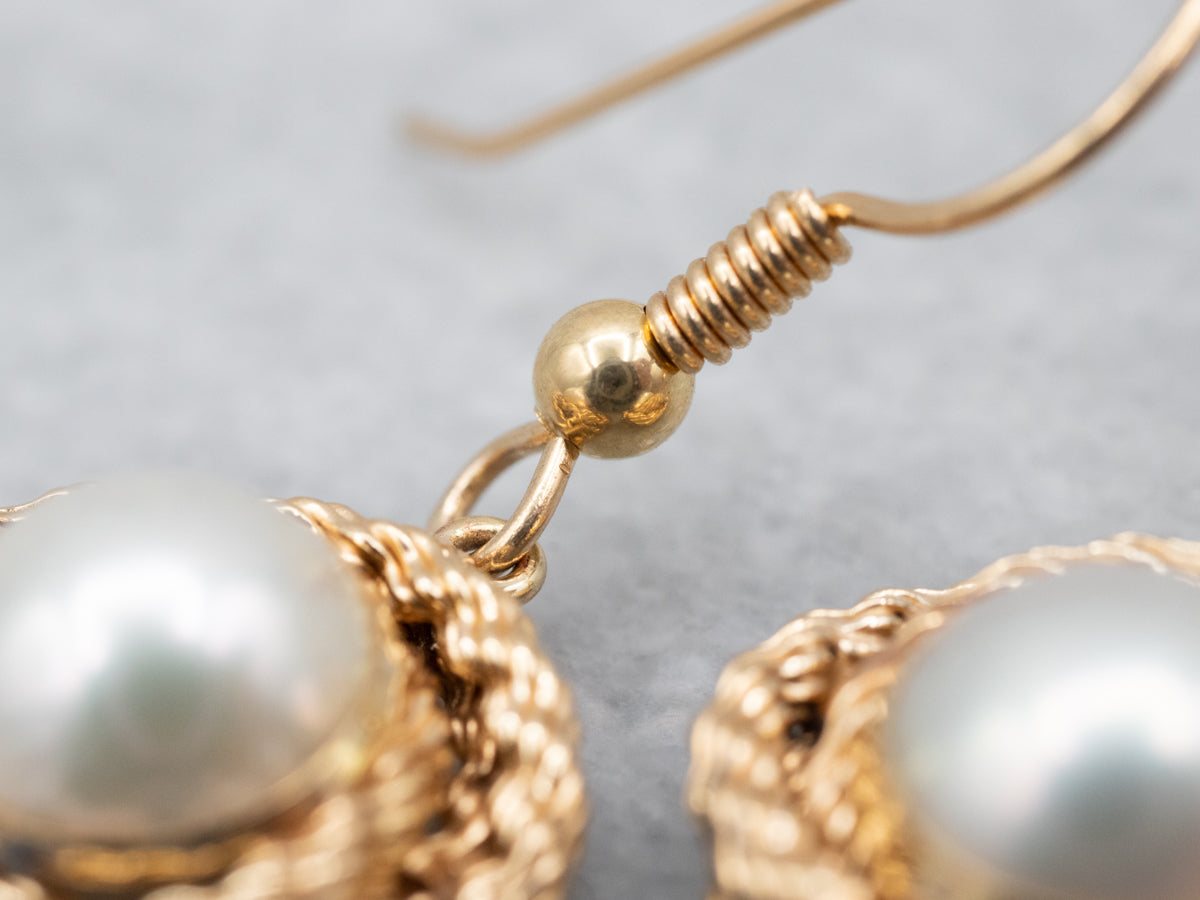 Delicate Yellow Gold Pearl Drop Earrings
