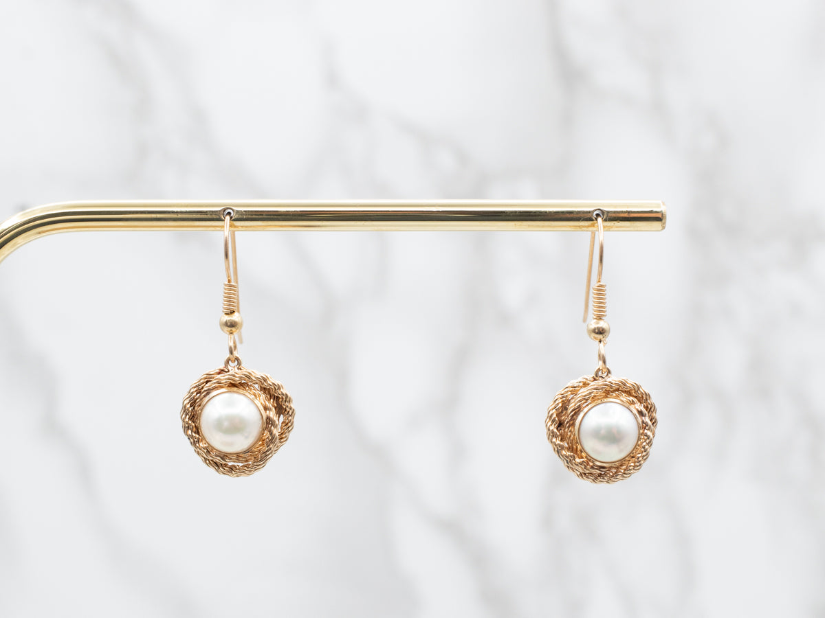 Delicate Yellow Gold Pearl Drop Earrings