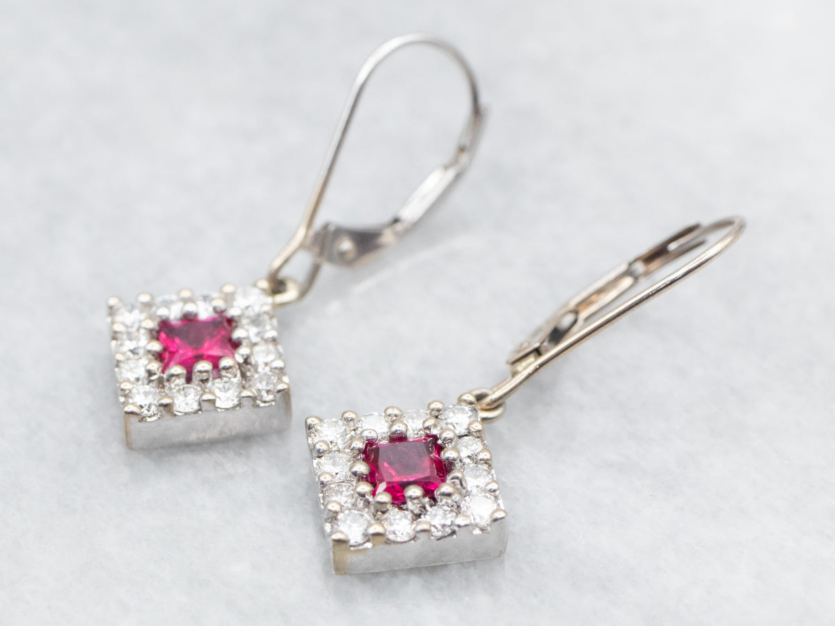 Pretty Ruby and Diamond Halo Drop Earrings