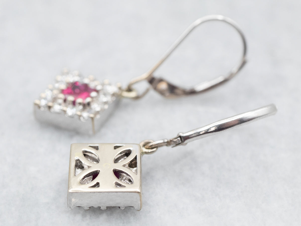 Pretty Ruby and Diamond Halo Drop Earrings