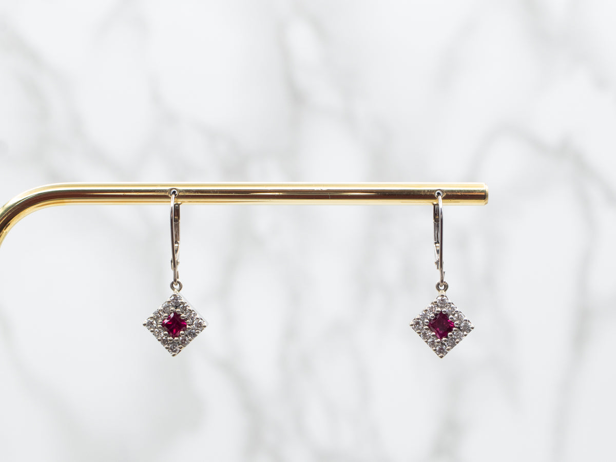Pretty Ruby and Diamond Halo Drop Earrings