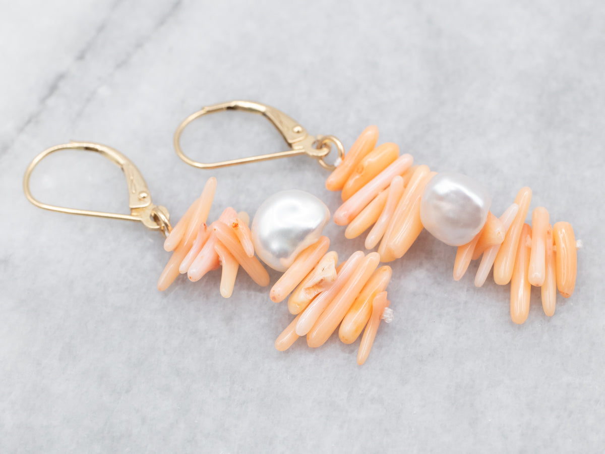 Pink Coral and Keshi Pearl Beaded Drop Earrings