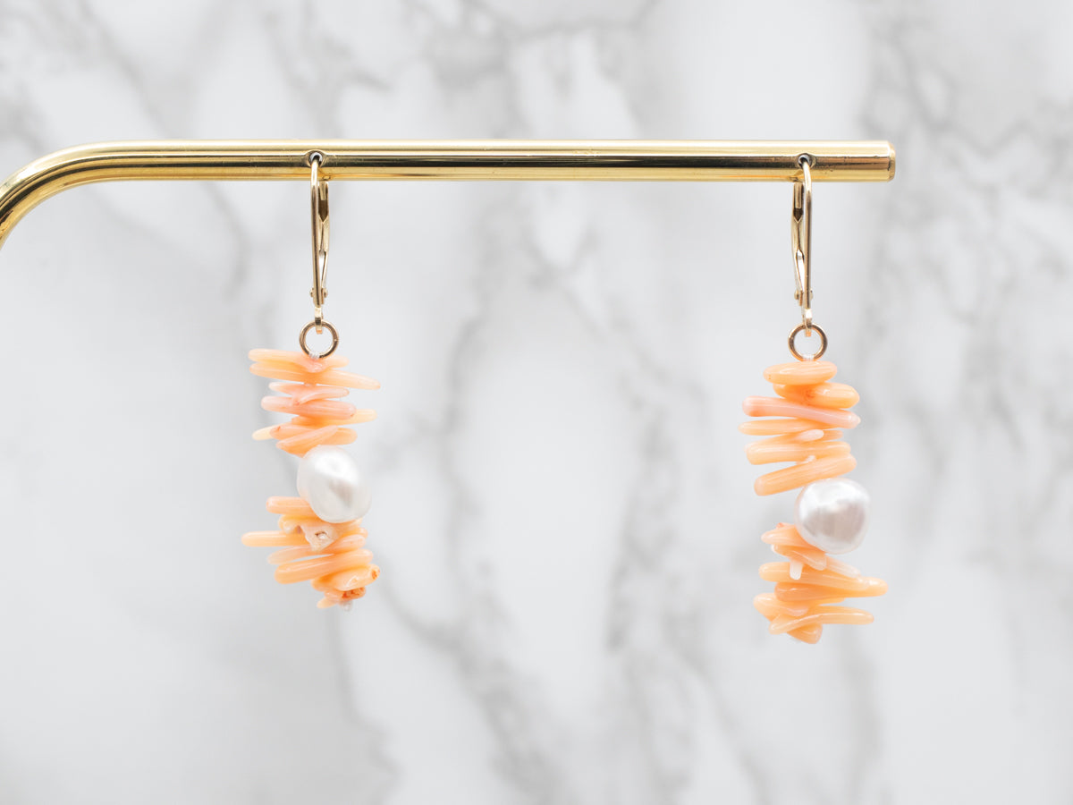 Pink Coral and Keshi Pearl Beaded Drop Earrings