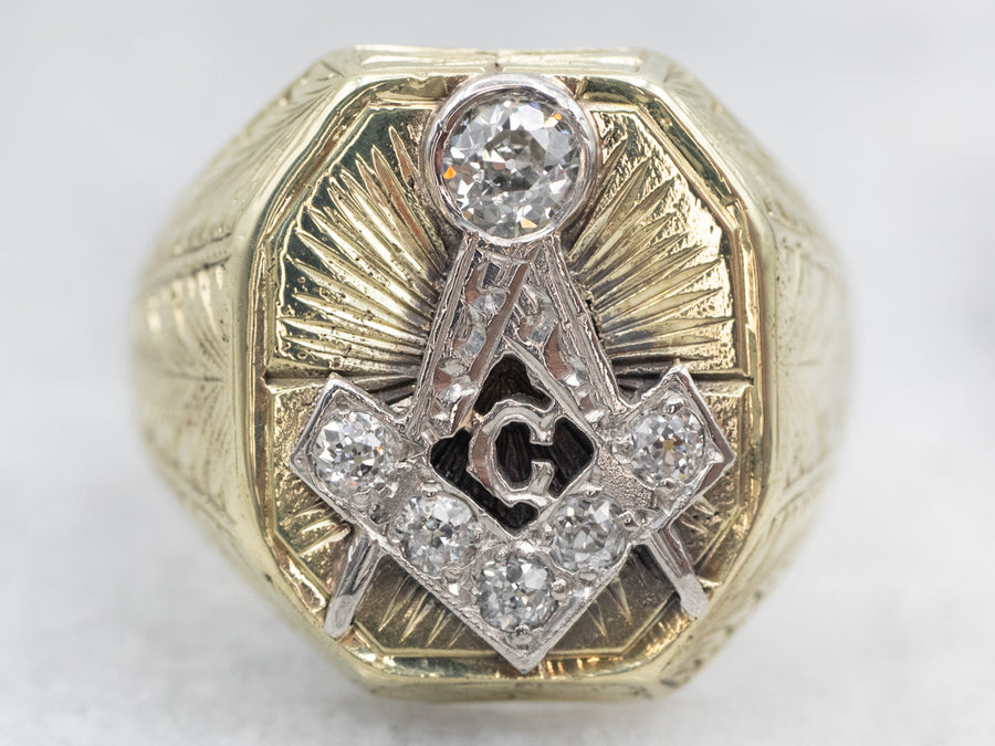 Antique Old Mine Cut Diamond Men's Masonic Ring