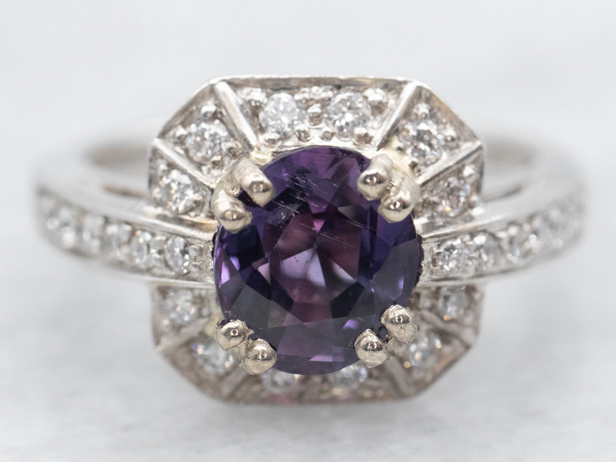 Contemporary Purple Sapphire and Diamond Halo Ring