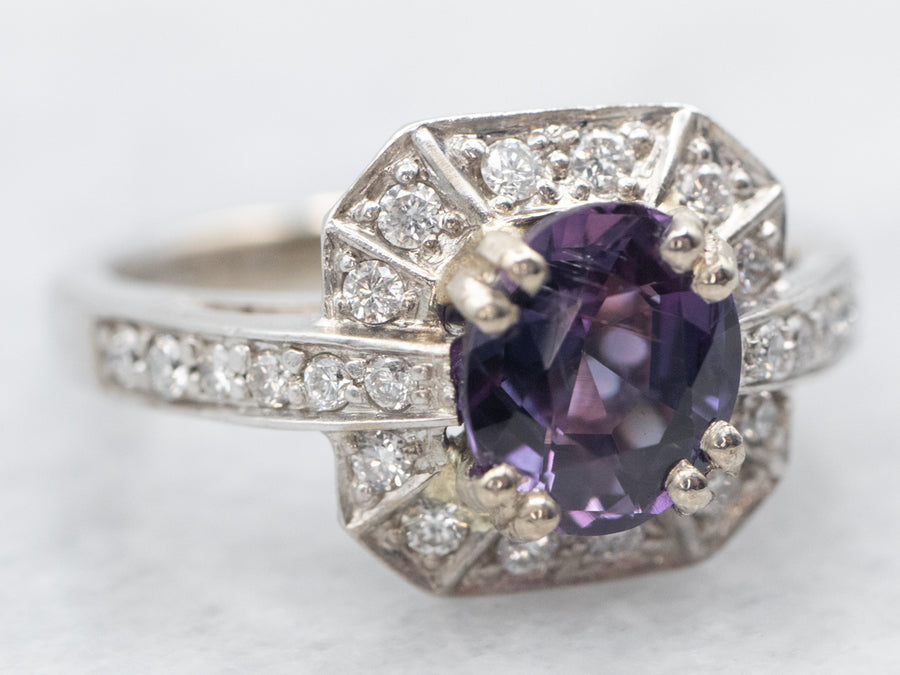 Contemporary Purple Sapphire and Diamond Halo Ring