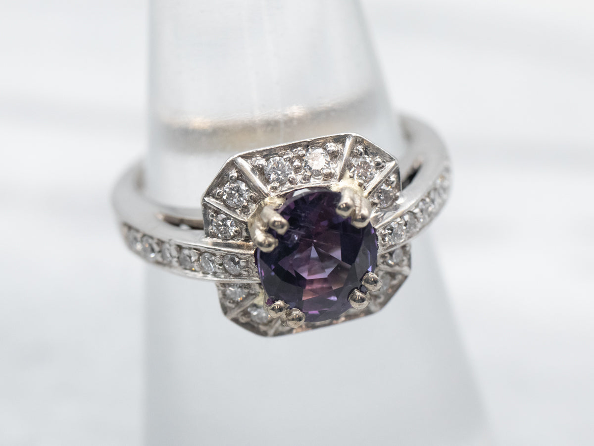 Contemporary Purple Sapphire and Diamond Halo Ring