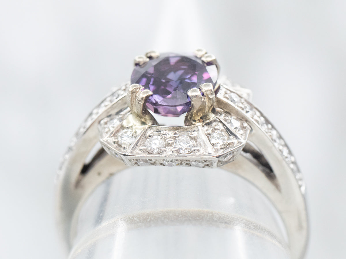 Contemporary Purple Sapphire and Diamond Halo Ring