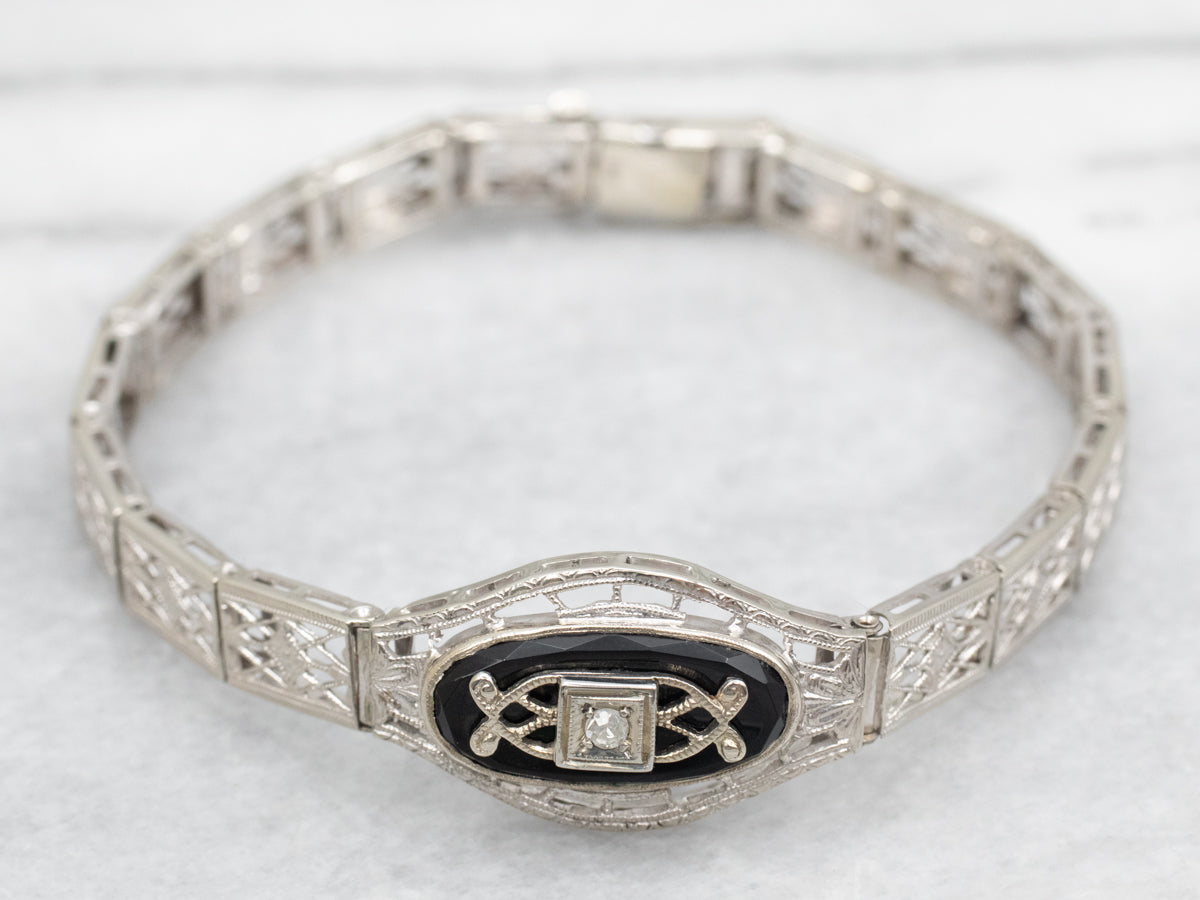 Art Deco Black Onyx and Diamond Filigree Link Bracelet