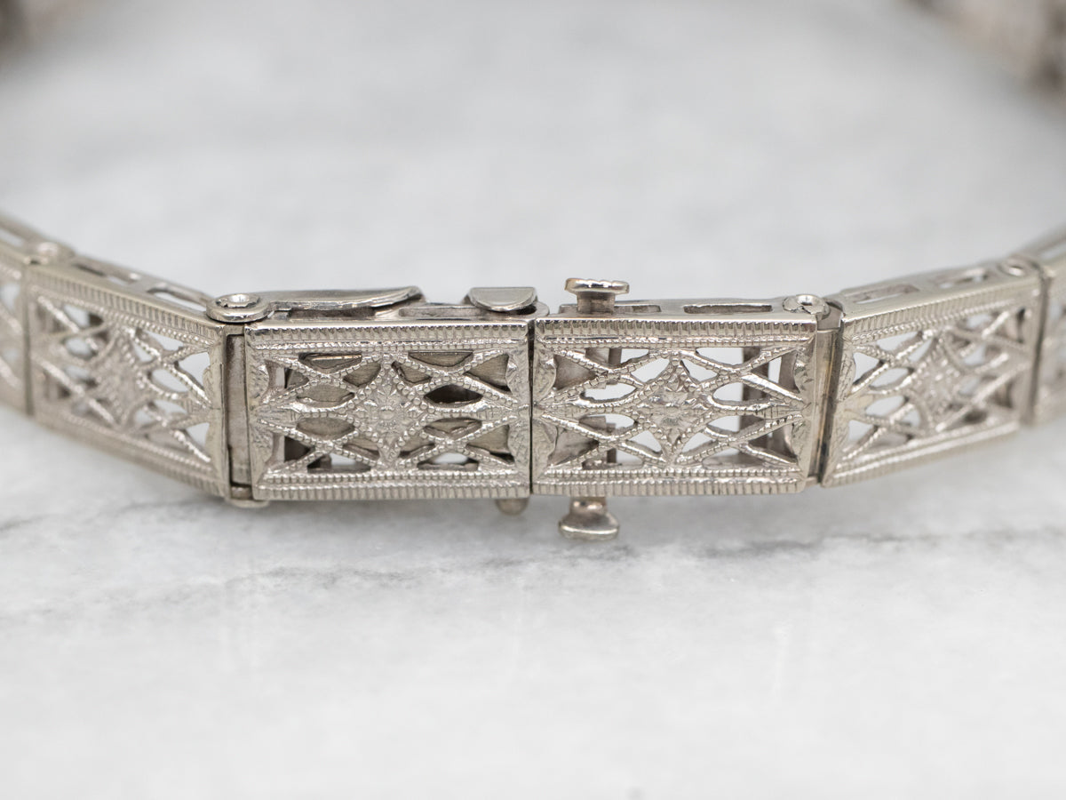 Art Deco Black Onyx and Diamond Filigree Link Bracelet