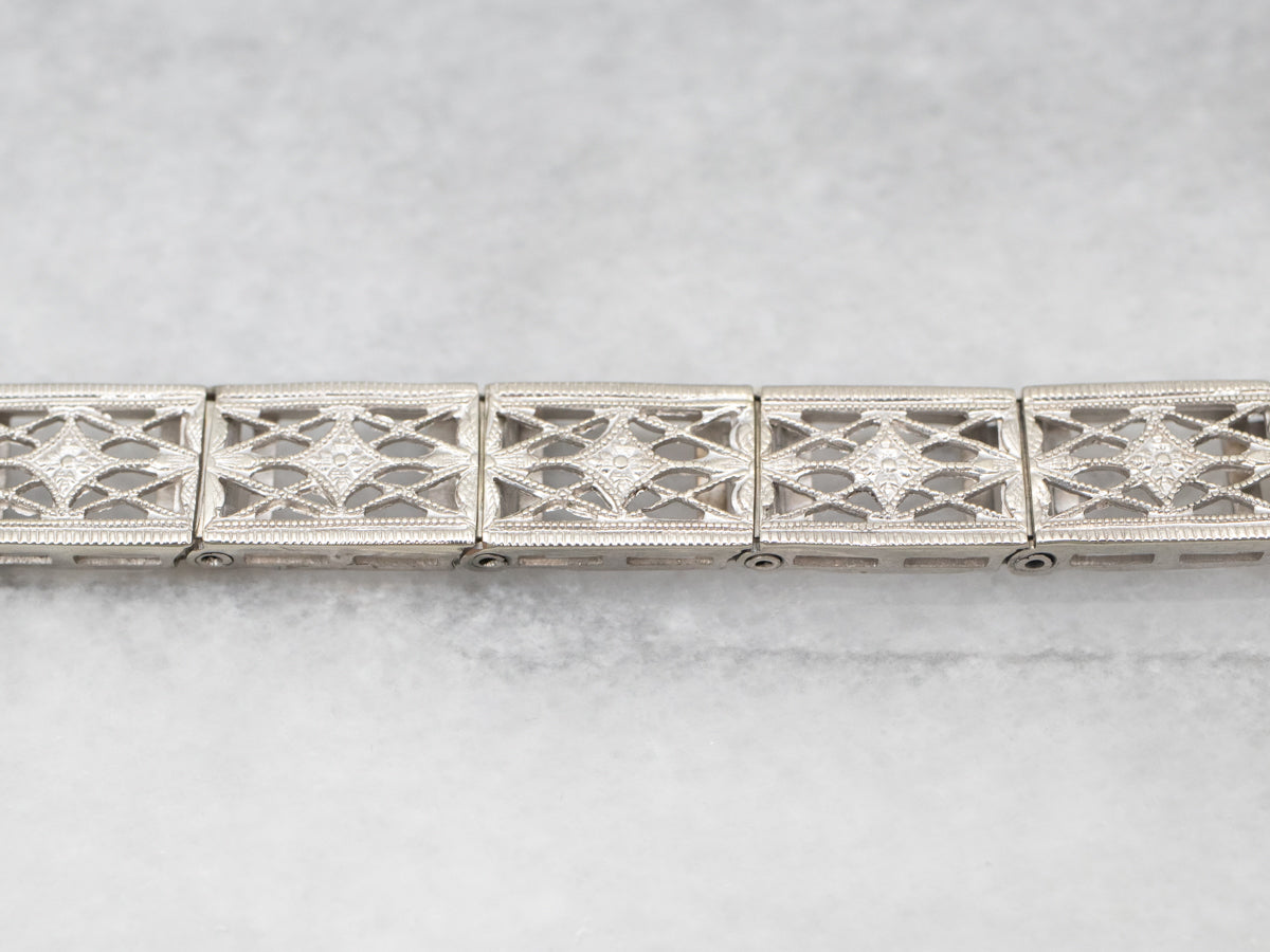 Art Deco Black Onyx and Diamond Filigree Link Bracelet