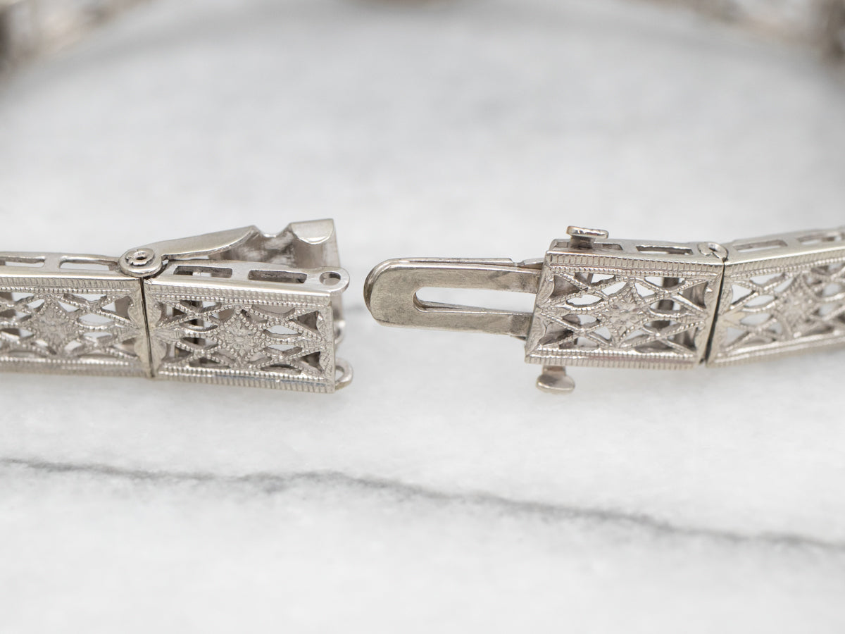 Art Deco Black Onyx and Diamond Filigree Link Bracelet