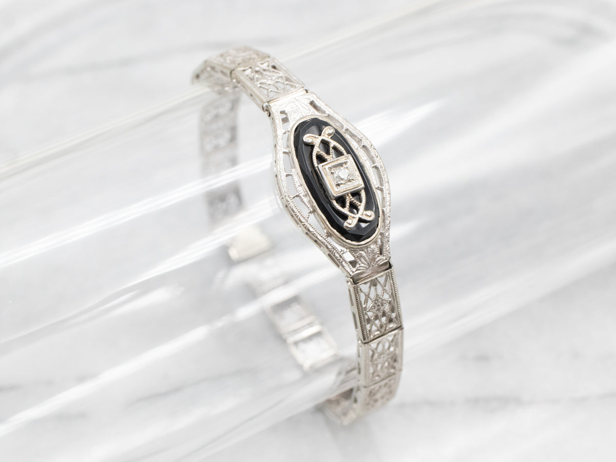 Art Deco Black Onyx and Diamond Filigree Link Bracelet