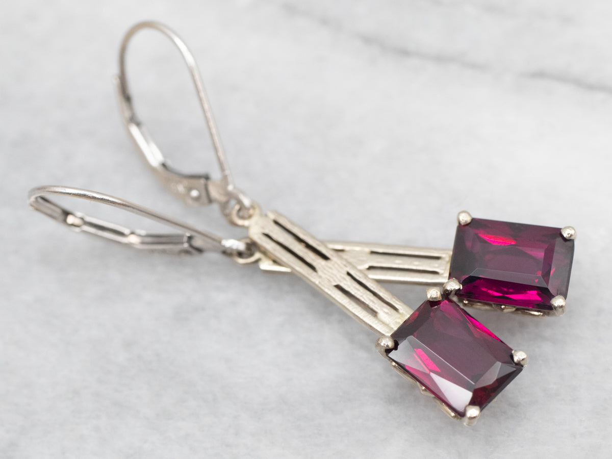 White Gold Rhodolite Garnet Bar Drop Earrings