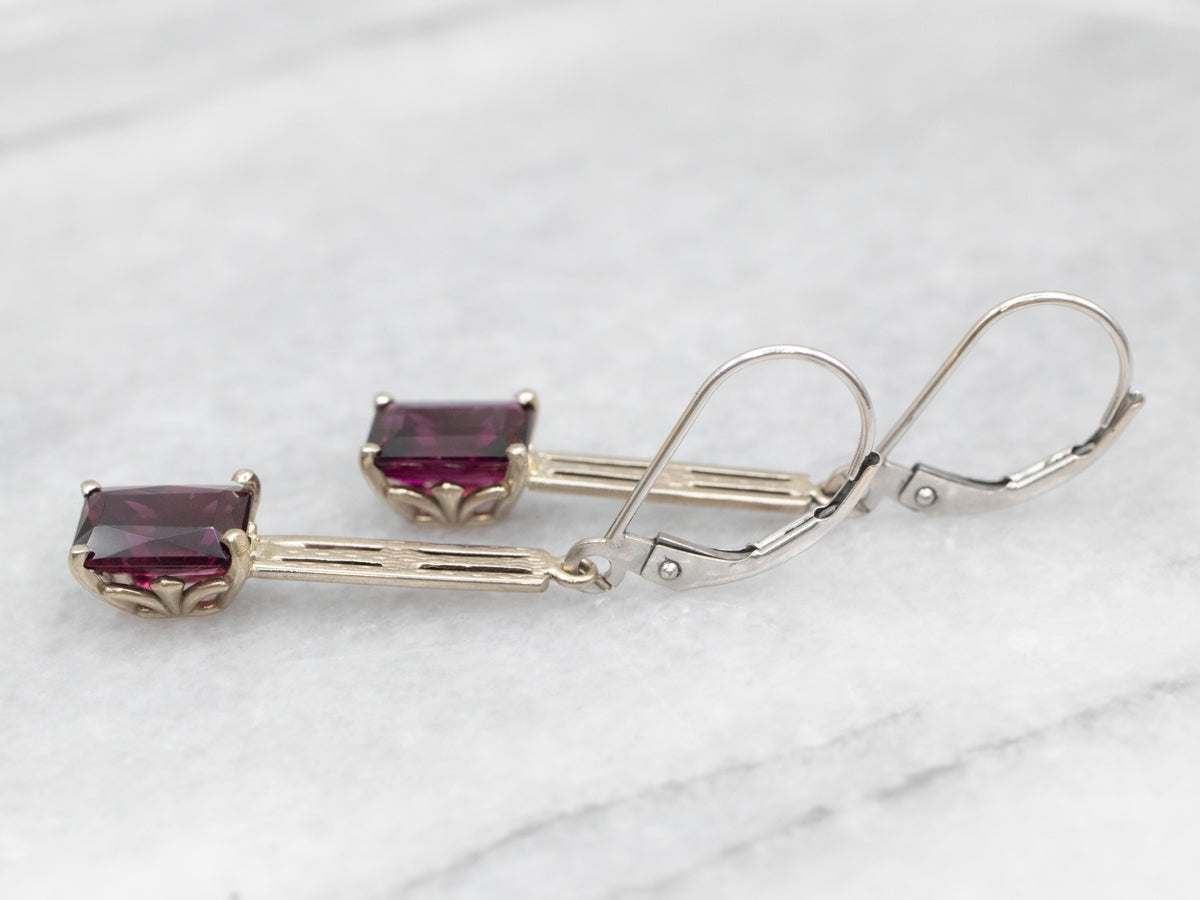 White Gold Rhodolite Garnet Bar Drop Earrings