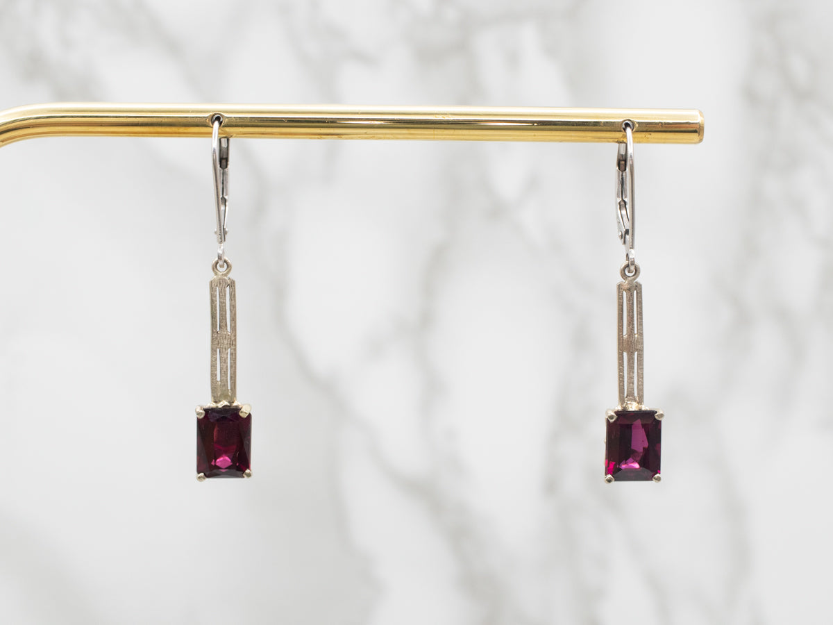 White Gold Rhodolite Garnet Bar Drop Earrings