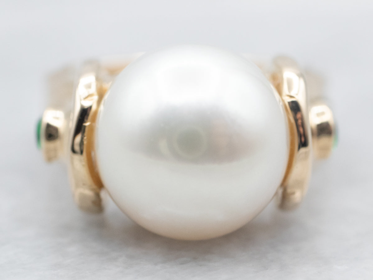 Modernist Gold Pearl Ring with Diopside Accents