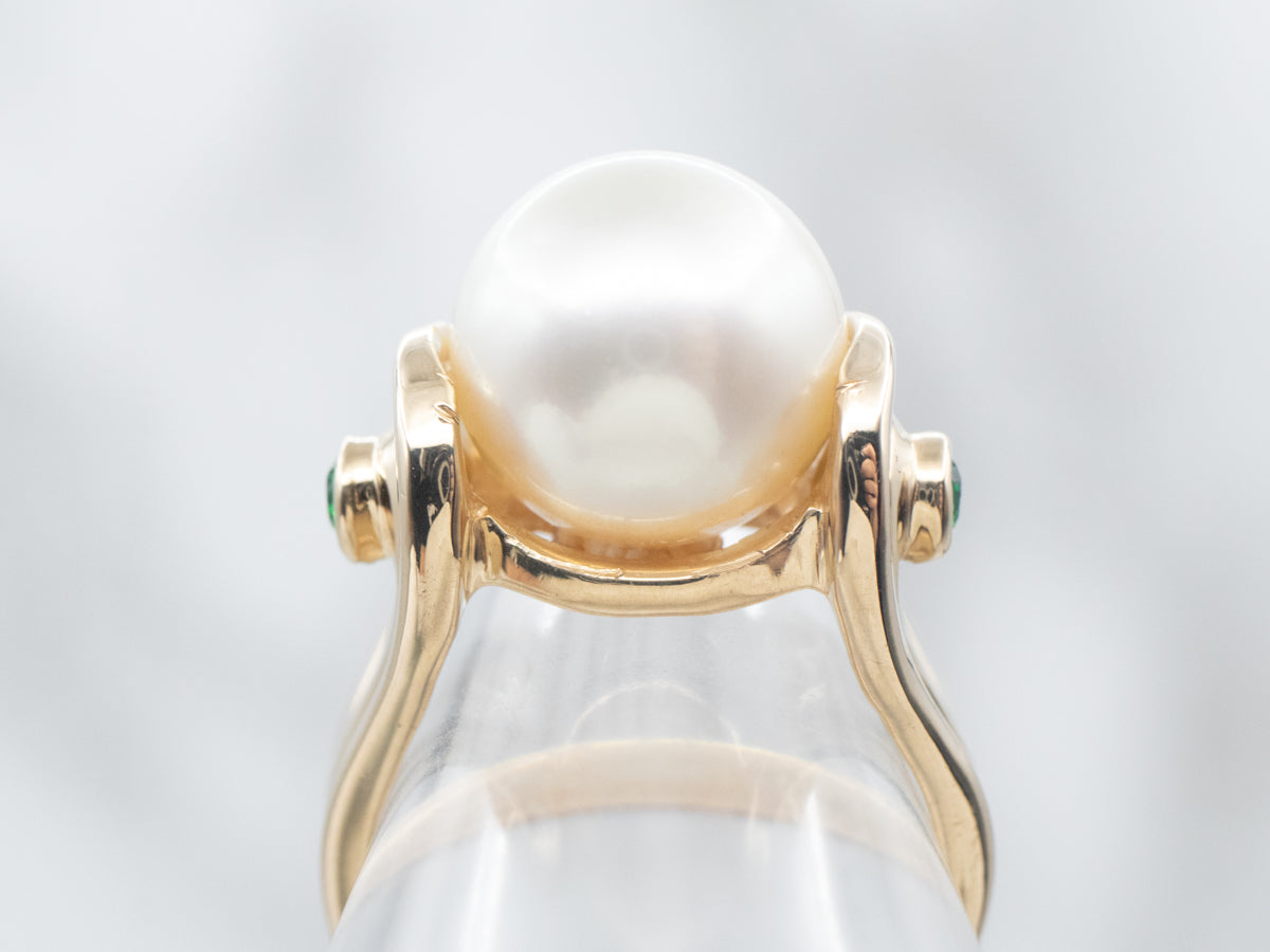 Modernist Gold Pearl Ring with Diopside Accents