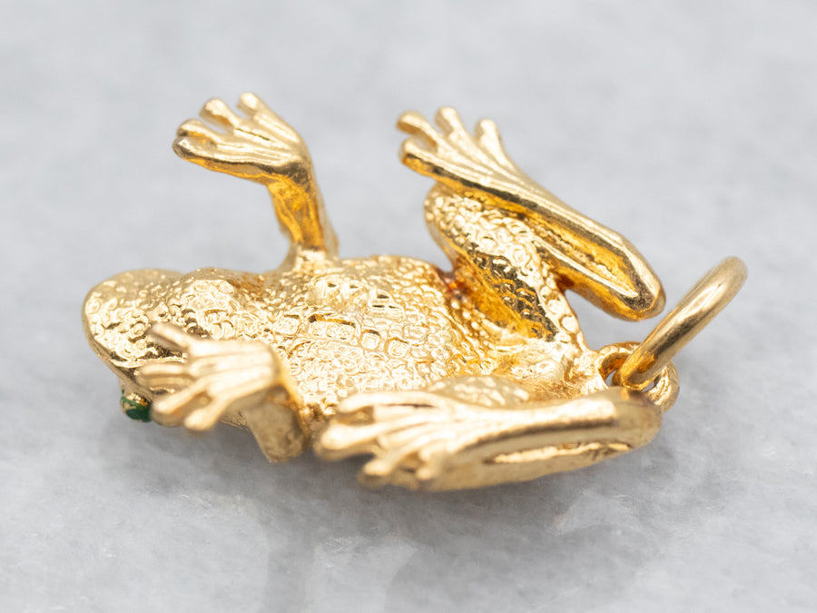 Yellow Gold Frog Charm with Green Enamel Eyes